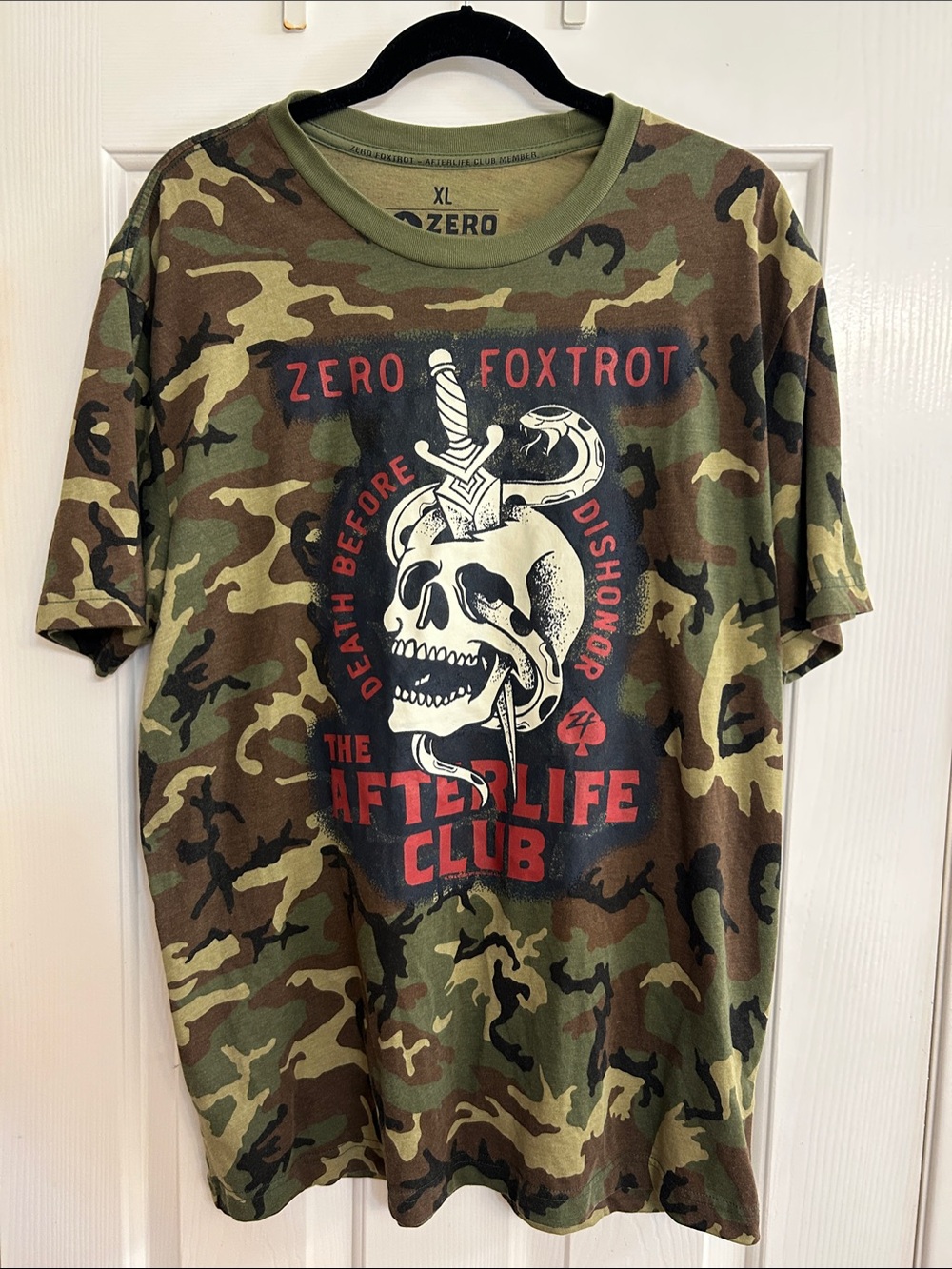 Zero Foxtrot Afterlife Club Camo Graphic T-Shirt XL Military Skull Tee like new